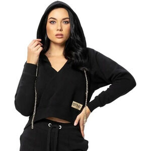 OTTHIE ANGELIKA JOZEFCZYK Crop Hoodie Black Gold Chains Drawstring Women’s Sz 12